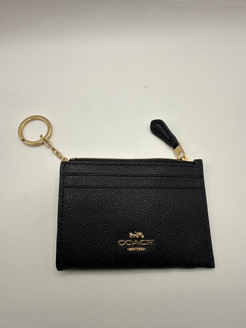 Coach Black Leather Zip Card Case ID Holder Key Ring Wallet New $88 Retail
